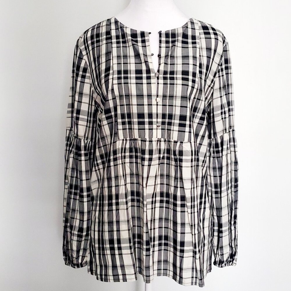 Black & White Baby Doll Blouse Plaid Checks Print Balloon Sleeves Light Airy